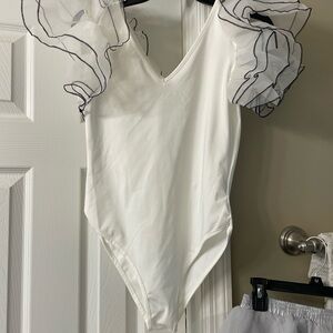 Cute Set **Pennywise Halloween Costume White Bodysuit with Sheer Ruffled Sleeves